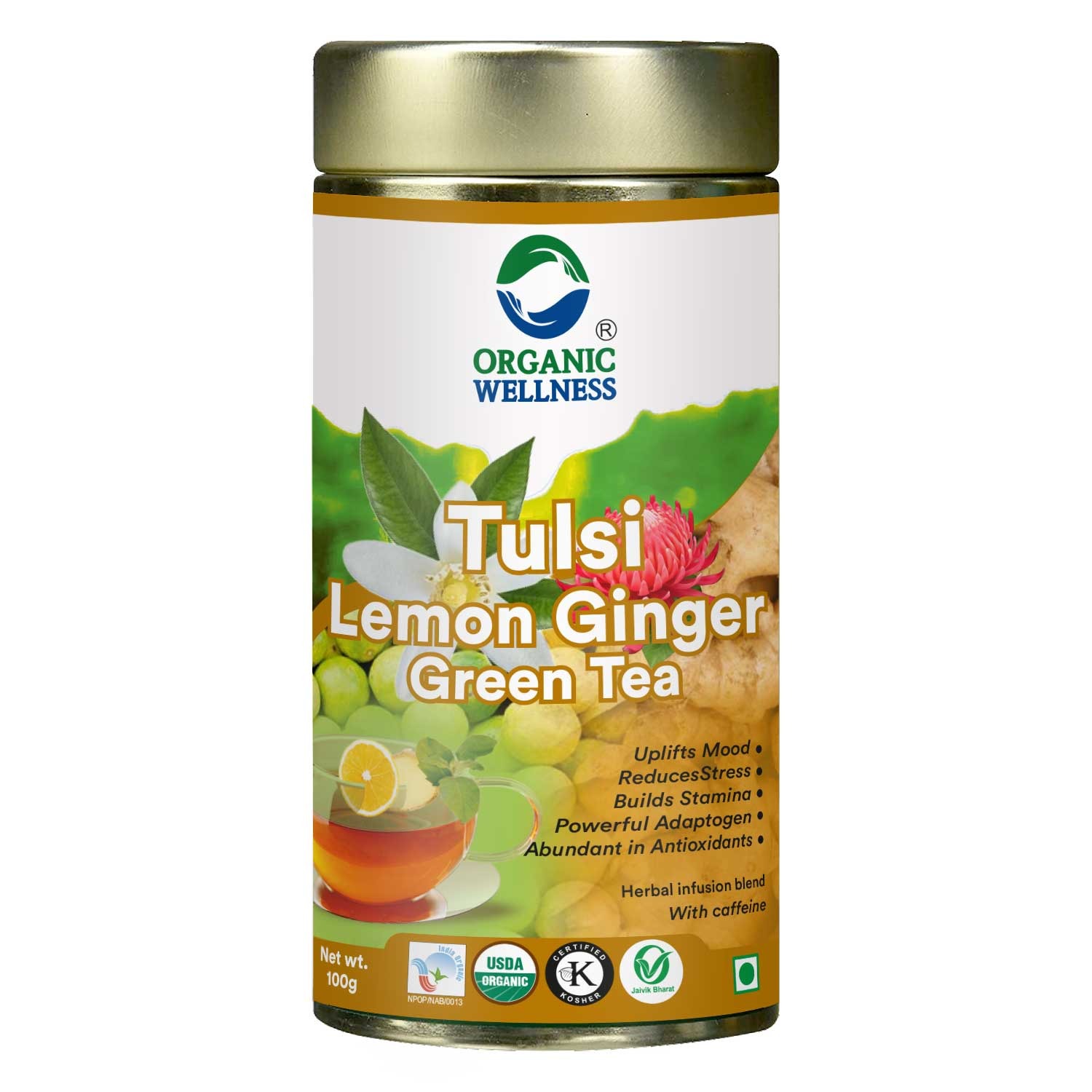 Organic Wellness Tulsi Lemon ginger Green Tea 100 grams Tin Pack